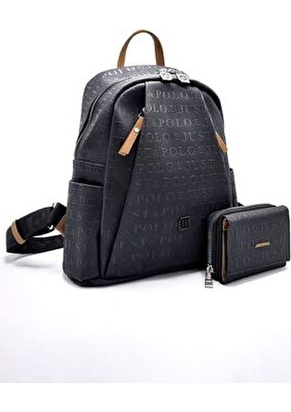 Kadın Siyah Taba 9 Bölmeli Gofraj Baskılı Sırt Çantası ve Cüzdan Kombini