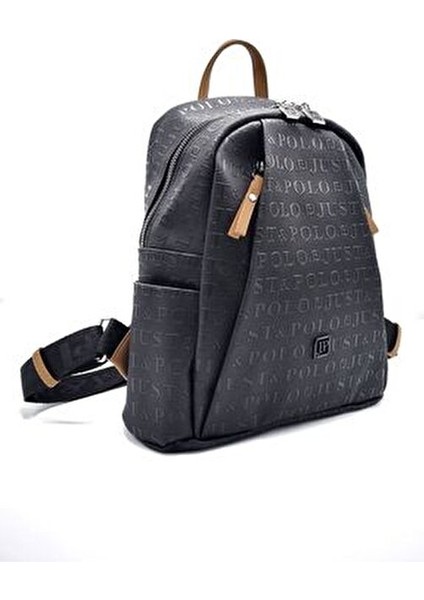 Kadın Siyah Taba 9 Bölmeli Gofraj Baskılı Sırt Çantası ve Cüzdan Kombini