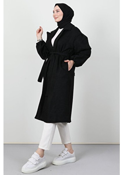 Siyah Asuman Kaşe Kaban Kadın Oversize Uzun Kol Düz Dokuma Casual Tarz