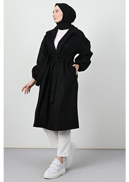 Siyah Asuman Kaşe Kaban Kadın Oversize Uzun Kol Düz Dokuma Casual Tarz modelleri