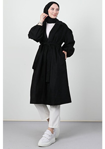 Siyah Asuman Kaşe Kaban Kadın Oversize Uzun Kol Düz Dokuma Casual Tarz fırsatları
