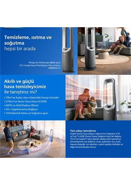 8000 Serisi Air Performer 3in1 Hava Temizleme Cihazı, 270M3/SA Temiz Hava Hızı (Cadr), Fan ve Isıtıcı, Air+ Uygulaması, AMF870/15 modelleri