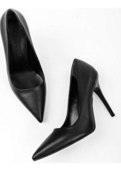 Kadın Siyah Cilt Topuklu Stiletto Orta Topuk 9 cm Konforlu Tasarım