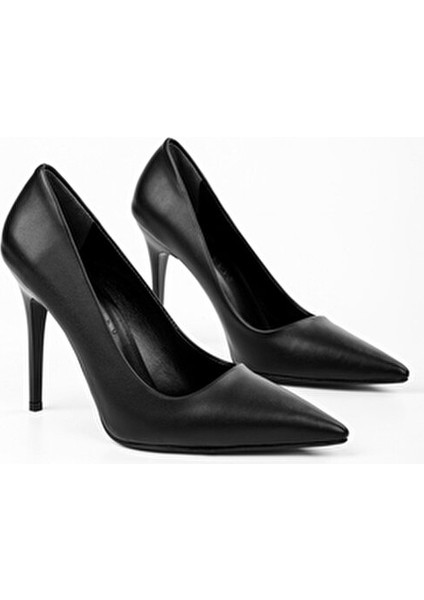 Kadın Siyah Cilt Topuklu Stiletto Orta Topuk 9 cm Konforlu Tasarım