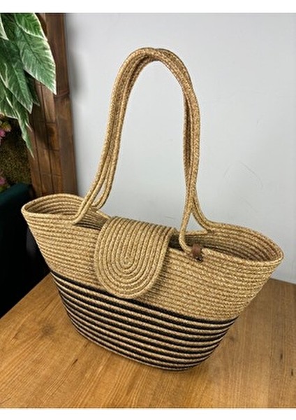 Berry Mıknatıslı Doğal Hasır Jüt Plaj Çantası Çizgili Desen Yaz Koleksiyonu modelleri