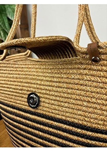 Berry Mıknatıslı Doğal Hasır Jüt Plaj Çantası Çizgili Desen Yaz Koleksiyonu