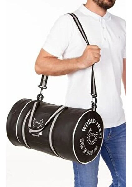 Silindir Sporcu Fitness Çantası Siyah Suni Deri Omuz Askılı Orta Boy Düz Desen modelleri