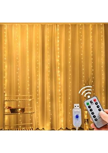 Kumandalı Animasyonlu Süsleme Ledi USB Peri LED 3m x 3m 300 Adet LED Işıklandırma Sarı LED Işık