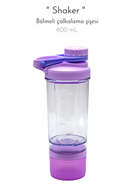 Bölmeli 600 ml Çalkalama Şişesi - Mor Renkli, Sağlam ve Şık Tasarım