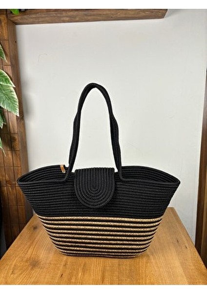 Berry Mıknatıslı Doğal Hasır Jüt Plaj Çantası Çizgili Tasarım Yaz Koleksiyonu