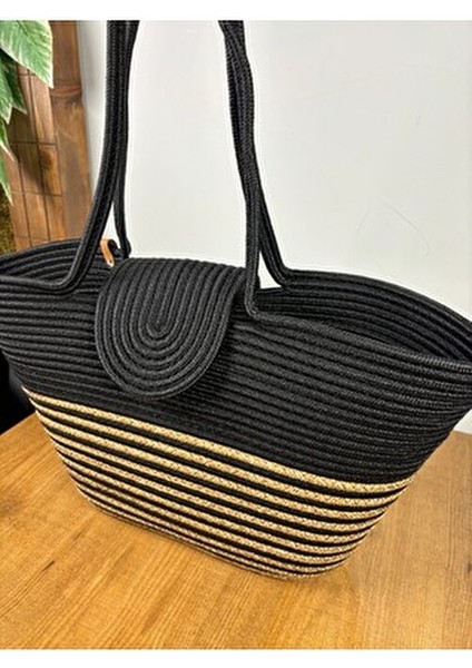 Berry Mıknatıslı Doğal Hasır Jüt Plaj Çantası Çizgili Tasarım Yaz Koleksiyonu modelleri
