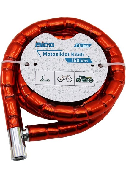 Tüp Anahtarlı Metal Kafa Çelik Motor - Bisiklet Kilit Silindirik Spiral Kilit Kırmızı KILIF22MM x 150CM (5067)