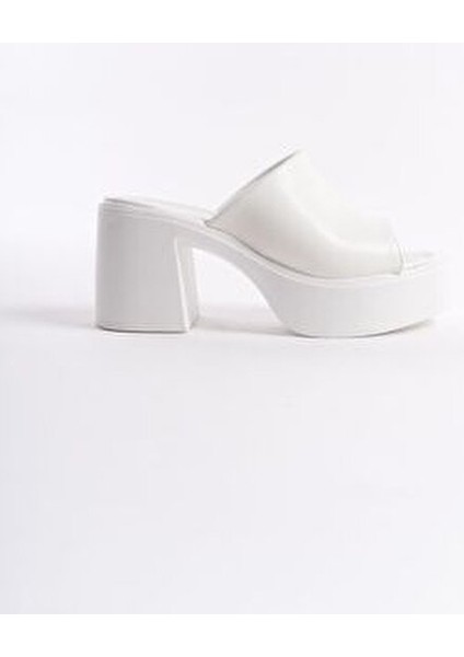 Beyaz Yüksek Dolgu Topuklu Suni Deri Tek Kalın Şeritli Önü Açık Yazlık Kadın Terlik Sandalet indirimleri