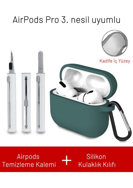 Airpods Pro 3. Nesil Uyumlu Içi Kadife Askı Aparatlı Darbelere Dayanıklı Silikon Kılıf ve Elektronik Temizleme Kalemi