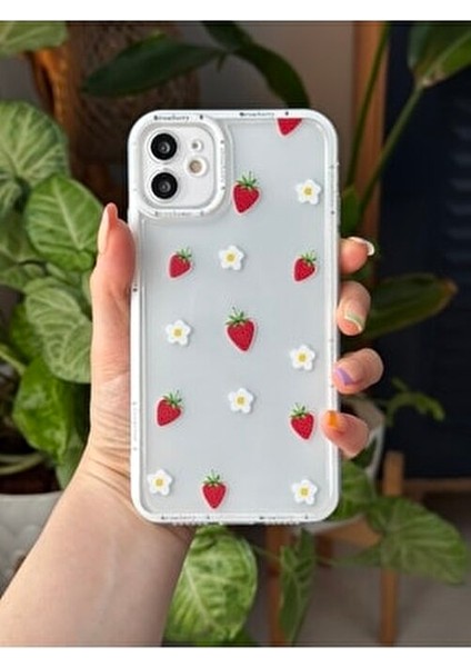 Iphone 11 Uyumlu (Köşeli - 12 Görünümlü )Şeffaf Çilek Baskı Desenli Silikon Kılıf