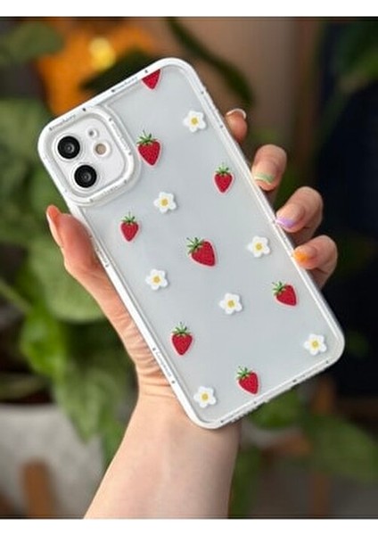 Iphone 11 Uyumlu (Köşeli - 12 Görünümlü )Şeffaf Çilek Baskı Desenli Silikon Kılıf fiyatları
