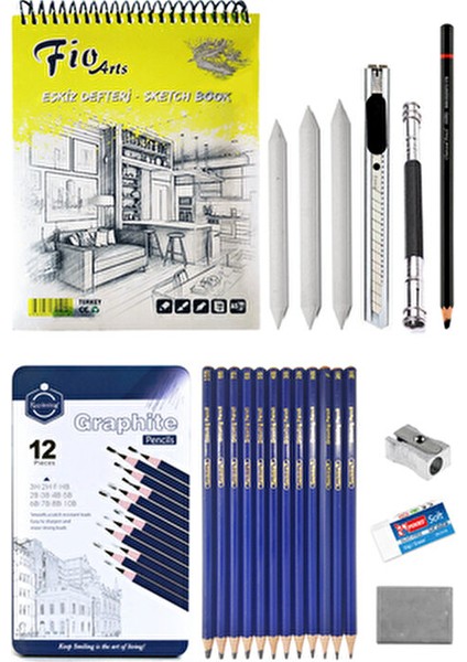 Fio A5 Spiralli Eskiz Defteri 90 gr Keep Smiling Karakalem Çizim Seti 12'li Eskiz Seti Sketching Set