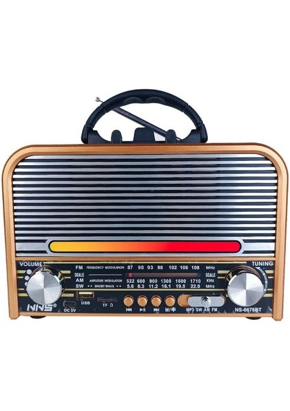 NS-6678 Retro, Nostaljik, Ahşap LED Işıklı Müzik Seti Fm Radyo USB Mp3 Player Bluetooth Hoparlör Tasarım