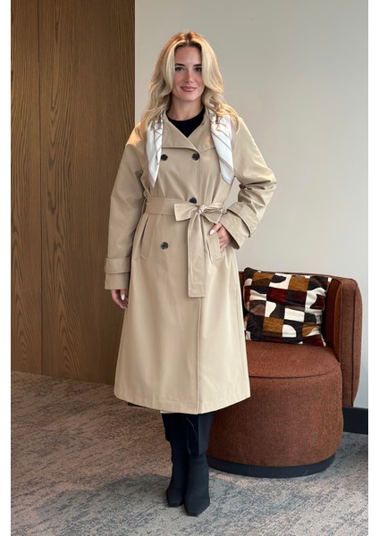 Bej Fularlı Uzun Trençkot - 7535