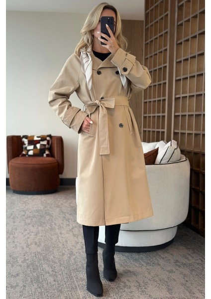 Bej Fularlı Uzun Trençkot - 7535 fiyatları