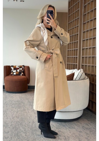 Bej Fularlı Uzun Trençkot - 7535 modelleri