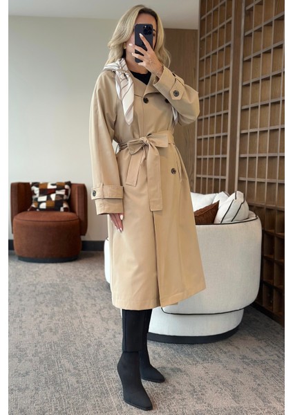 Bej Fularlı Uzun Trençkot - 7535 fırsatları