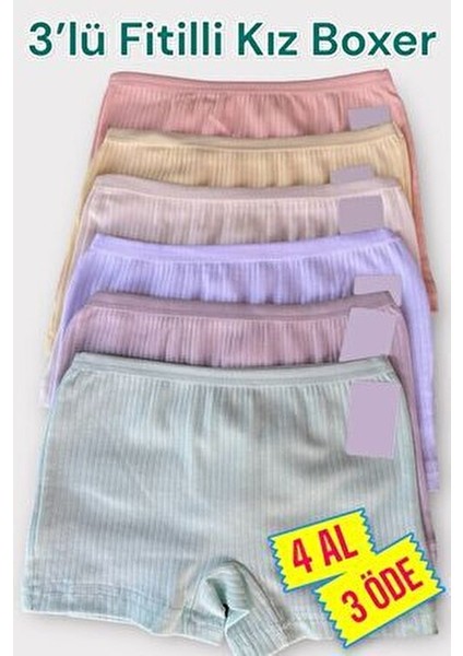 3'lü Kız Çocuk Renkli Likralı Pamuklu Fitilli Boxer Külot