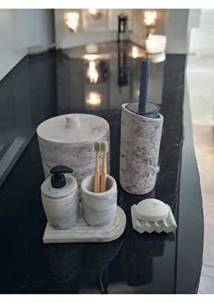 Mermer Serisi Gri Beton Banyo Seti,çöp Kovasi,tuvalet Fırçası Takim