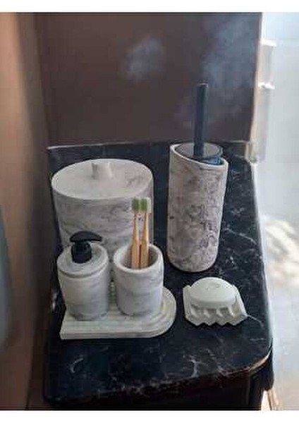 Mermer Serisi Gri Beton Banyo Seti,çöp Kovasi,tuvalet Fırçası Takim modelleri