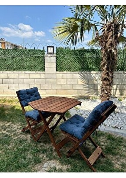 2+1 Sekizgen Bahçe Balkon Mutfak Tipi Minderli(Lacivert) Katlanır Masa-Sandalye Takımı