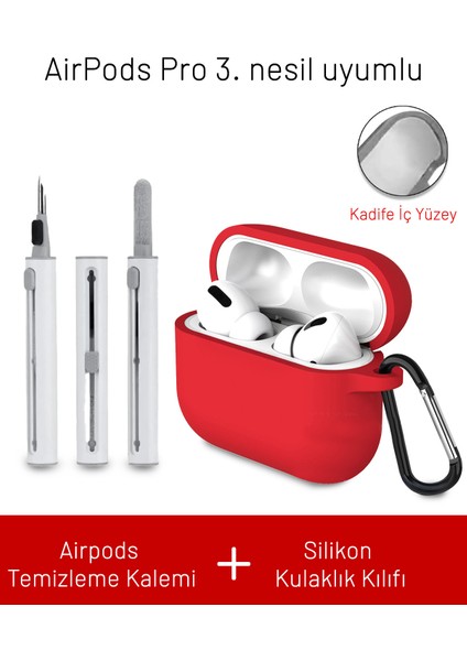 Airpods Pro 3. Nesil Uyumlu Içi Kadife Askı Aparatlı Darbelere Dayanıklı Silikon Kılıf ve Elektronik Temizleme Kalemi