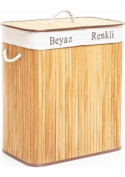 Dikdörtgen Iki Bölmeli Iç Bez Bambu Ahşap Kirli Çamaşır Sepeti Ip Kulp 52X32X62CM (5067)