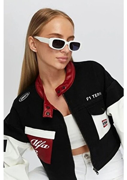 Kadın Oversize Kot Ceket – Kollari Deri Garnili Fermuarlı Motorcu Mont – Yarışçı Kolej Bomber