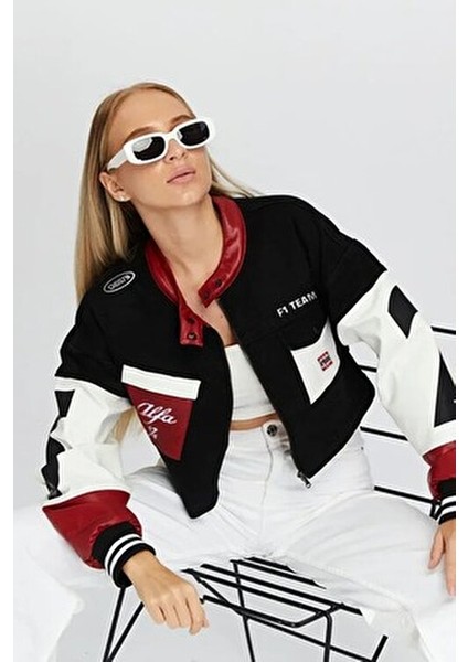 Kadın Oversize Kot Ceket – Kollari Deri Garnili Fermuarlı Motorcu Mont – Yarışçı Kolej Bomber fiyatları