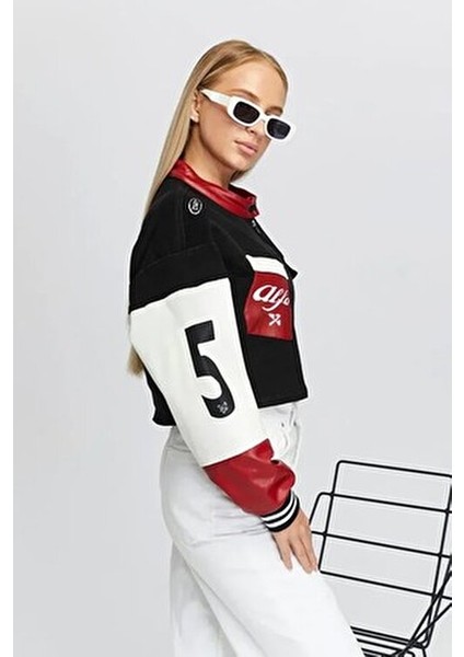 Kadın Oversize Kot Ceket – Kollari Deri Garnili Fermuarlı Motorcu Mont – Yarışçı Kolej Bomber fırsatları