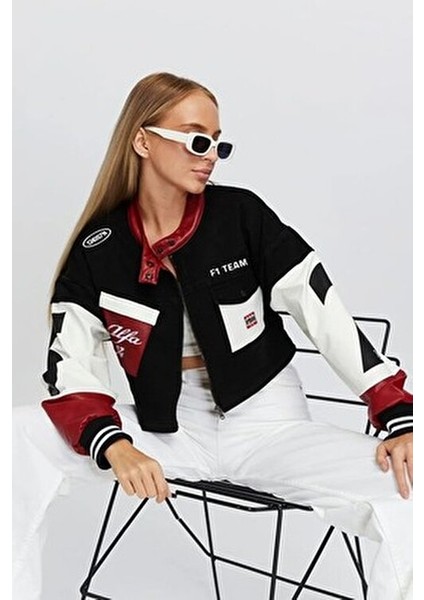 Kadın Oversize Kot Ceket – Kollari Deri Garnili Fermuarlı Motorcu Mont – Yarışçı Kolej Bomber indirimleri