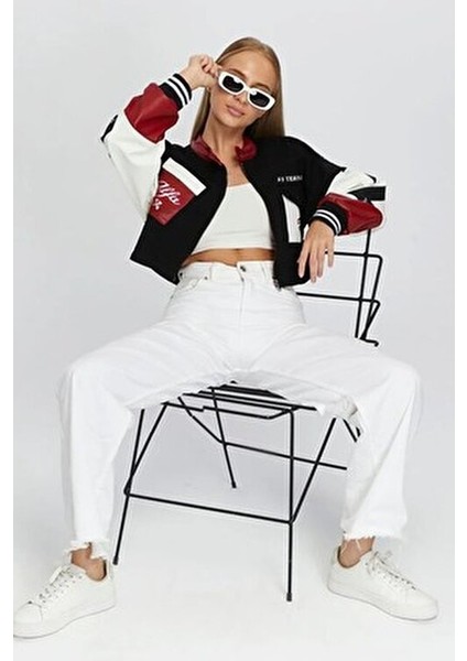 Kadın Oversize Kot Ceket – Kollari Deri Garnili Fermuarlı Motorcu Mont – Yarışçı Kolej Bomber