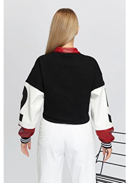 Kadın Oversize Kot Ceket – Kollari Deri Garnili Fermuarlı Motorcu Mont – Yarışçı Kolej Bomber