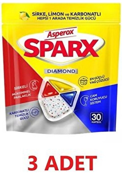 Sparx Bulaşık Makinesi Deterjanı 30 Kapsül En Güçlü Yağ Çözücü Formül 3 Adet