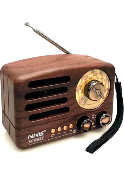 NS-3380 Küçük Boy Retro, Nostaljik, Ahşap Tasarım Bluetooth Hoparlörlü, Şarjlı, Taşınabilir Büyük Döndürülebilen Düğmeli Fm/am