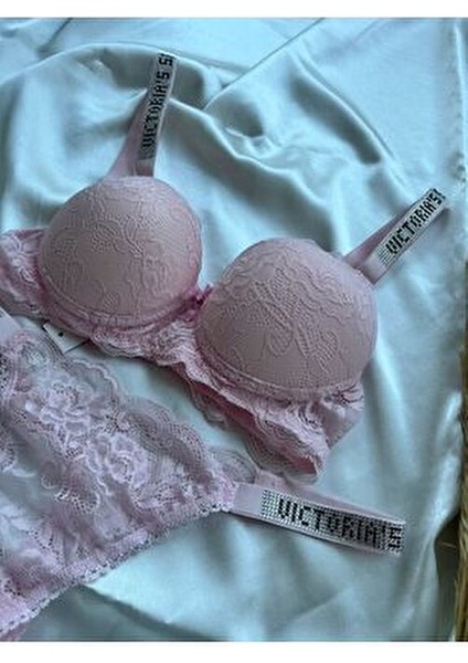 Dantelli Lastiği Taşlı Balenli Destekli Dolgulu Push Up Pudra Sütyen Ve String Iç Çamaşırı Takımı