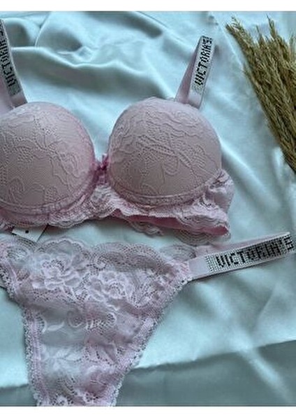 Dantelli Lastiği Taşlı Balenli Destekli Dolgulu Push Up Pudra Sütyen Ve String Iç Çamaşırı Takımı fiyatları