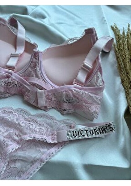 Dantelli Lastiği Taşlı Balenli Destekli Dolgulu Push Up Pudra Sütyen Ve String Iç Çamaşırı Takımı modelleri