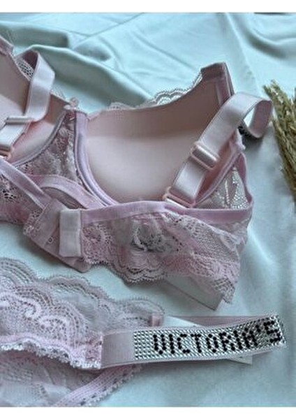 Dantelli Lastiği Taşlı Balenli Destekli Dolgulu Push Up Pudra Sütyen Ve String Iç Çamaşırı Takımı fırsatları