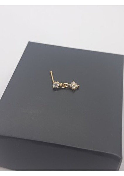 925 Ayar Gümüş Altın Kaplama Zirkon Taşlı Sallantılı Kare Tektaşlı Hızma