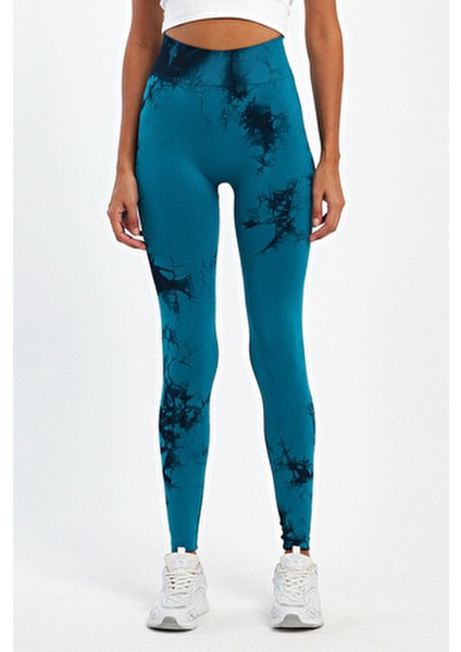 Kadın Dikişsiz Toparlayıcı Batik Tayt Uzun Slim Fit Tasarım Mavi Renk