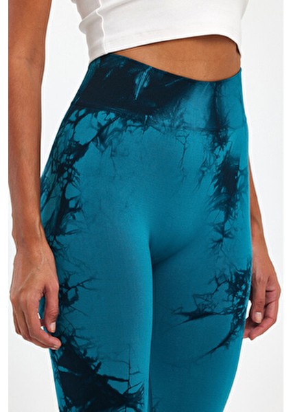 Kadın Dikişsiz Toparlayıcı Batik Tayt Uzun Slim Fit Tasarım Mavi Renk fırsatları