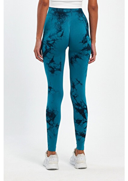 Kadın Dikişsiz Toparlayıcı Batik Tayt Uzun Slim Fit Tasarım Mavi Renk
