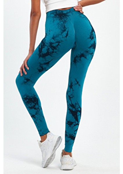 Kadın Dikişsiz Toparlayıcı Batik Tayt Uzun Slim Fit Tasarım Mavi Renk