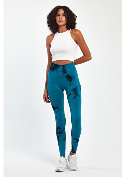 Kadın Spor Tayt Dikişsiz Tasarım Batik Desen Uzun Mavi Renk Slim Fit indirimleri